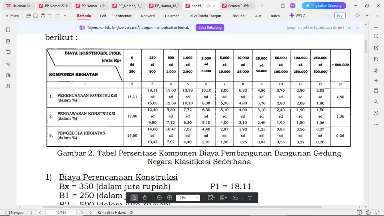 Tabel Persentase Komponen Biaya Pembagunan Bangunan Gedung Negara Klasifikasi Sederhana