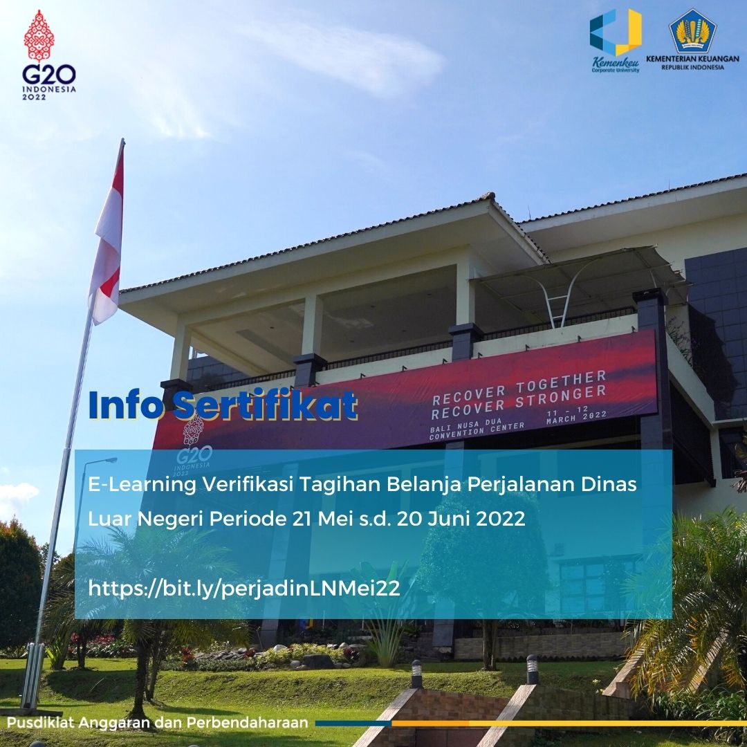 Sertifikat E-Learning Verifikasi Tagihan Belanja Perjalanan Dinas Luar Negeri periode 21 Mei s.d. 20 Juni 2022