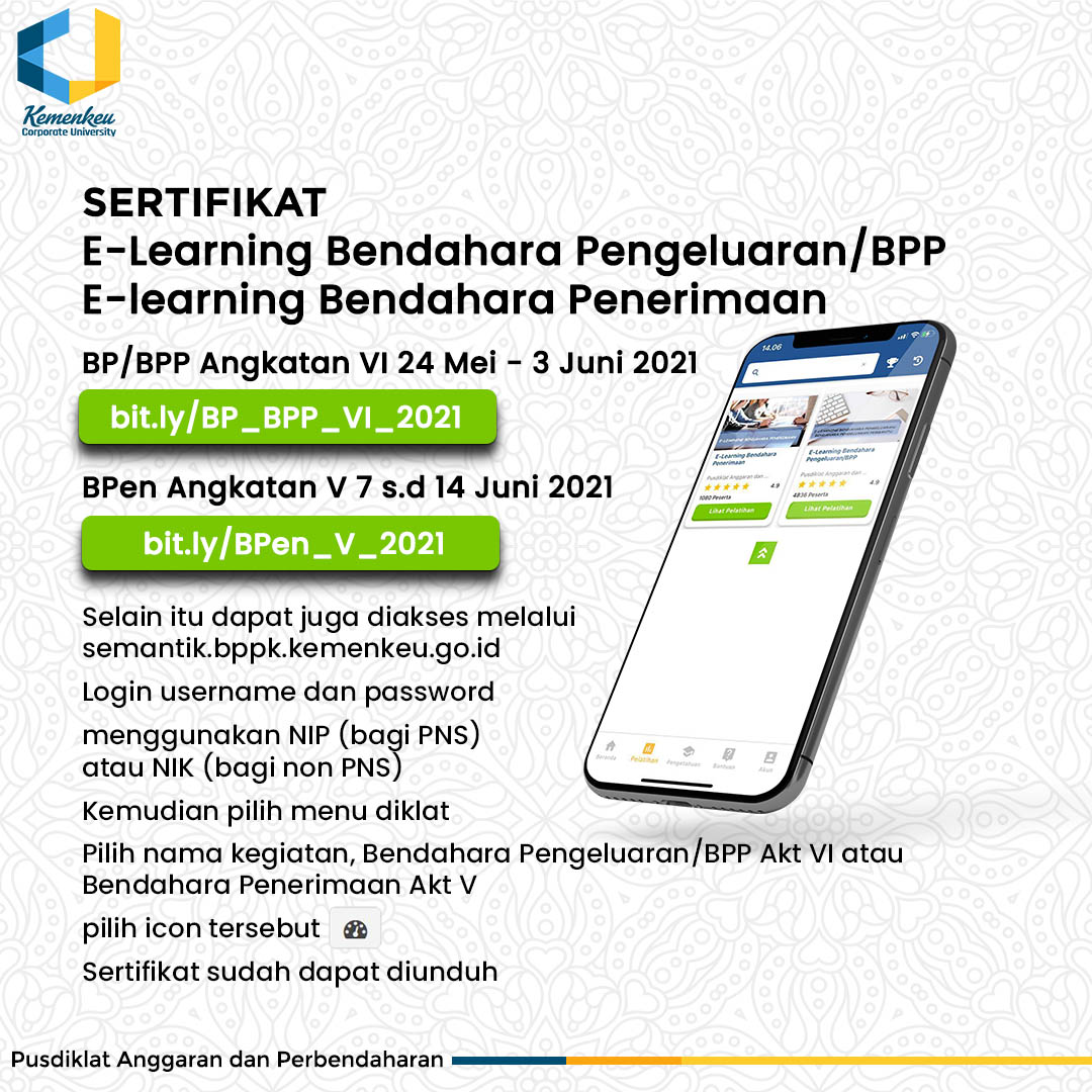 Sertifikat Bendahara Pengeluaran/BPP Akt VI dan Bendahara Penerimaan V siap diunduh
